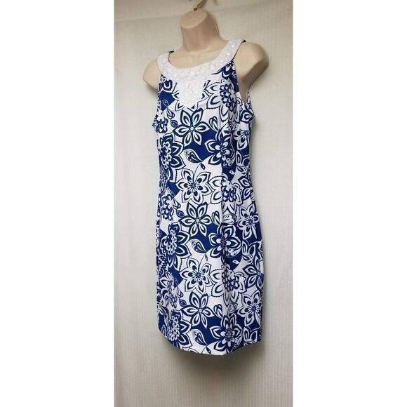 Women's Dress Barn White & Blue Beaded accent Collar Sheath Dress Size 6 - Picture 5 of 9